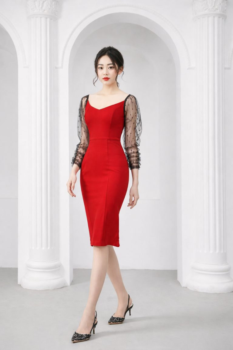 Đầm nữ thiết kế dáng ôm tay ren voan Gemmi fashion, DK8424