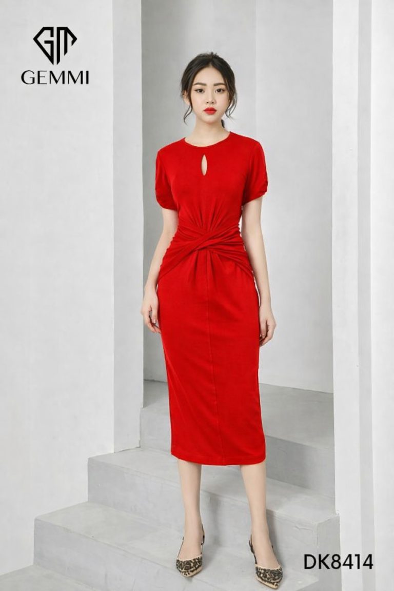 Đầm thiết kế tay ngắn dáng ôm xẻ tà Gemmi fashion, DK8414