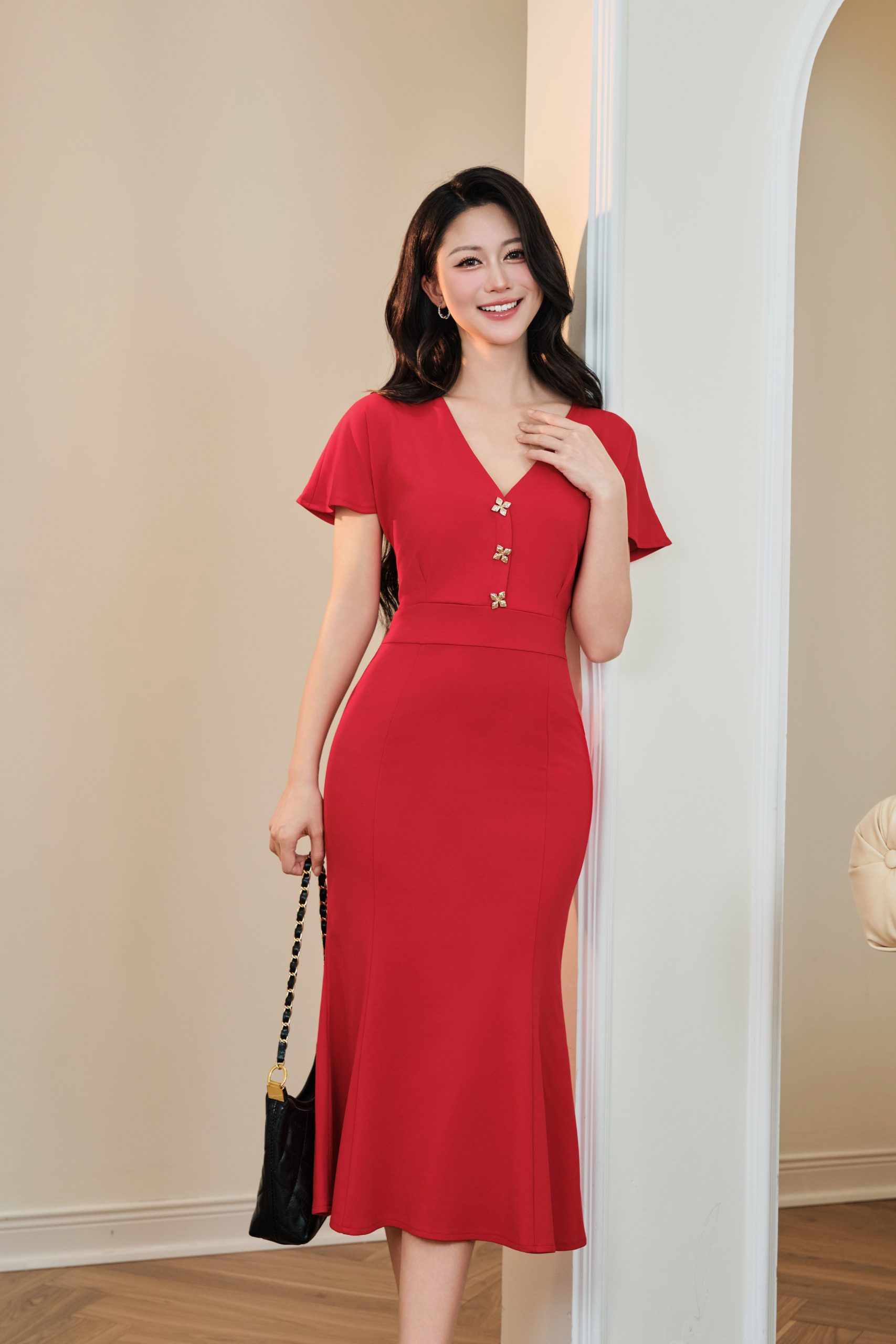 Váy đầm nữ ôm body cổ V thiết kế đôi cá Gemmi fashion, DK8446 - Ảnh 2