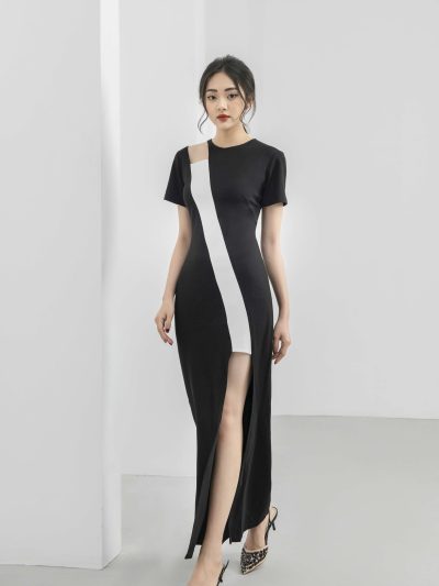 Đầm Body Phối Trắng Dáng Dài GEMMI Fashion, DK8412