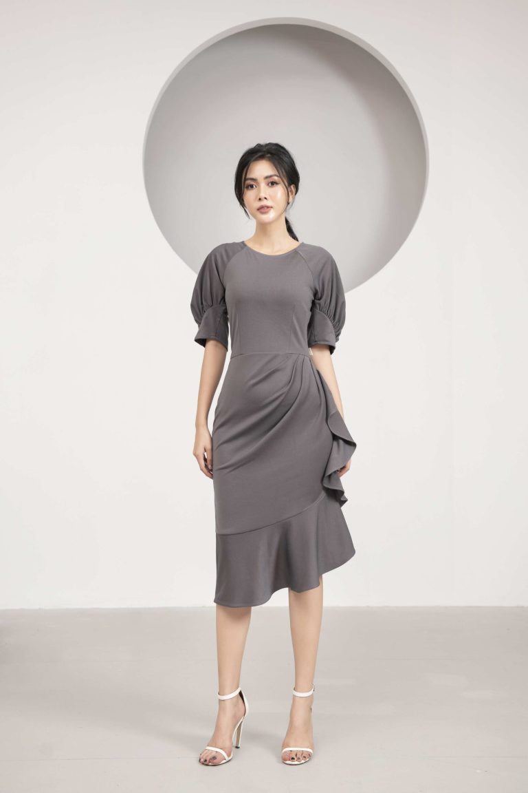 Đầm nữ đuôi cá GEMMI Fashion thiết kế cổ tròn tay bồng DK8421