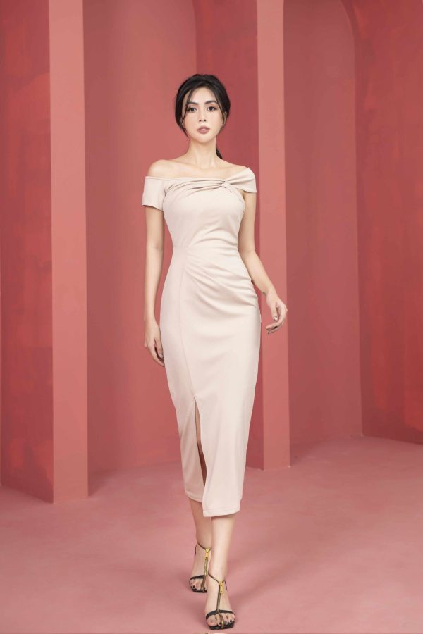 Váy đầm nữ cổ lệch xếp ly thiết kế ôm body dáng dài Gemmi fashion, DK8467 - Hình ảnh 7