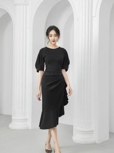 Đầm nữ đuôi cá GEMMI Fashion thiết kế cổ tròn tay bồng DK8421