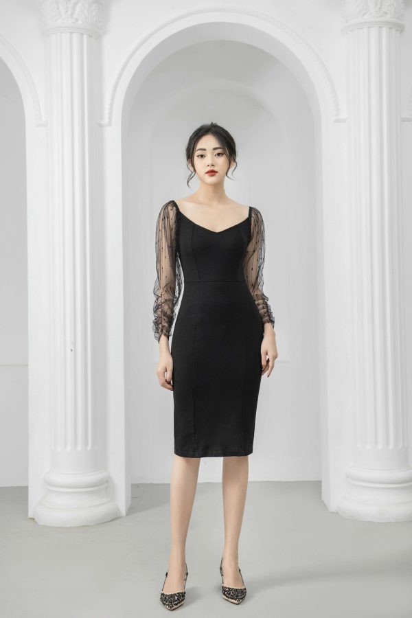 Đầm nữ thiết kế dáng ôm tay ren voan Gemmi fashion, DK8424