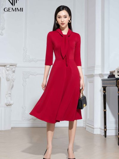 Váy đầm nữ công sở dáng xòe thiết kế tay lỡ cổ nơ Gemmi fashion, DK8497