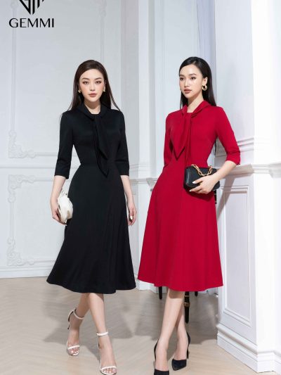 Váy đầm nữ công sở dáng xòe thiết kế tay lỡ cổ nơ Gemmi fashion, DK8497