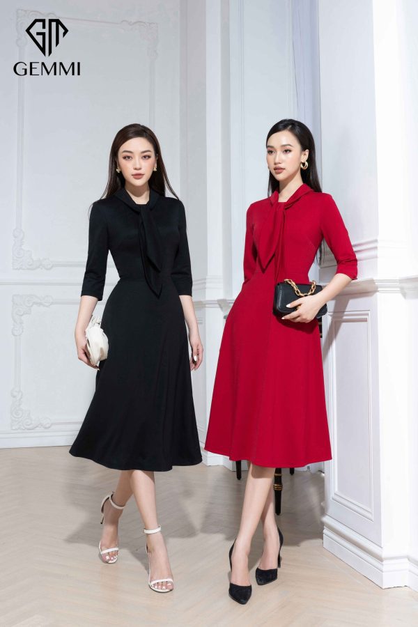 Váy đầm nữ công sở dáng xòe thiết kế tay lỡ cổ nơ Gemmi fashion, DK8497