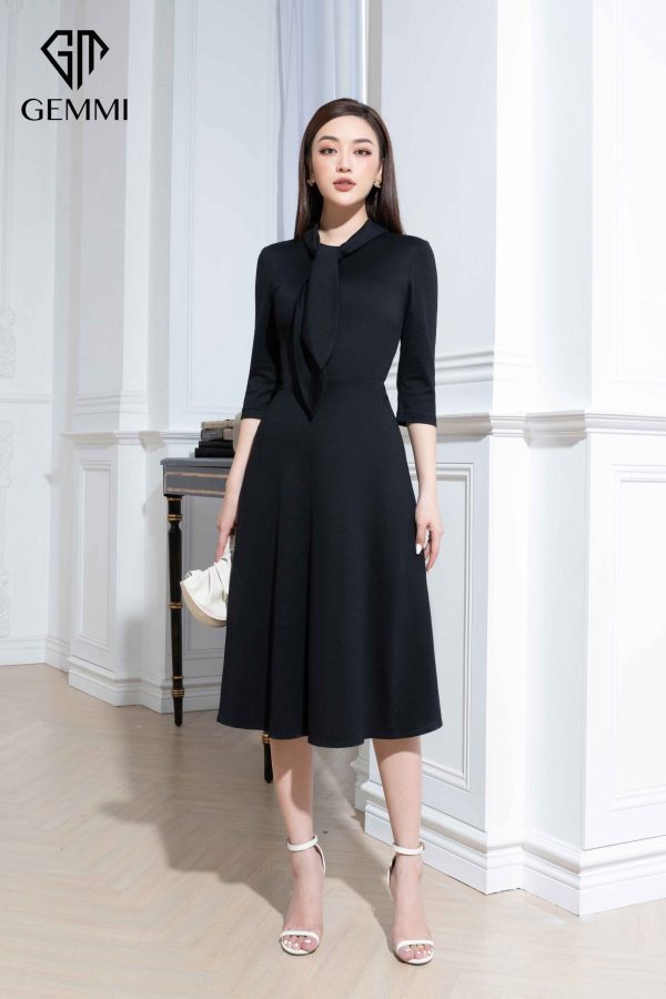 Váy đầm nữ công sở dáng xòe thiết kế tay lỡ cổ nơ Gemmi fashion, DK8497 - Ảnh 2