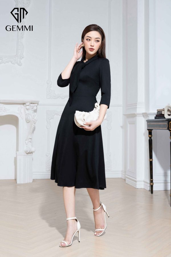 Váy đầm nữ công sở dáng xòe thiết kế tay lỡ cổ nơ Gemmi fashion, DK8497 - Ảnh 3