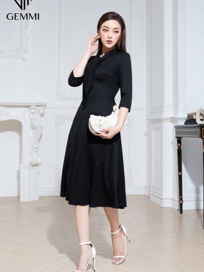 Váy đầm nữ công sở dáng xòe thiết kế tay lỡ cổ nơ Gemmi fashion, DK8497