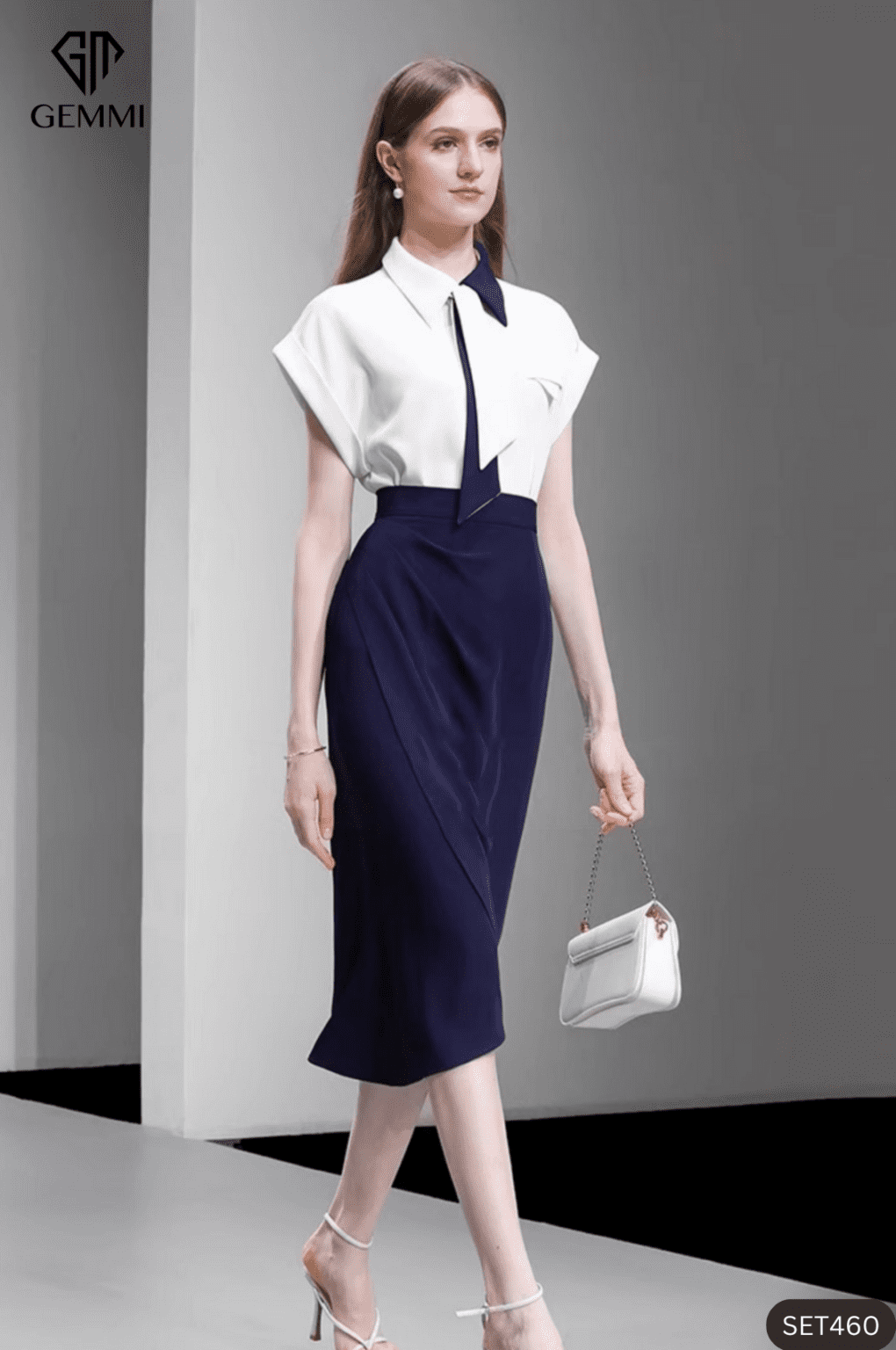 Gemmi Set bộ công sở trắng xanh GEMMI Fashion, SET460 - GEMMI