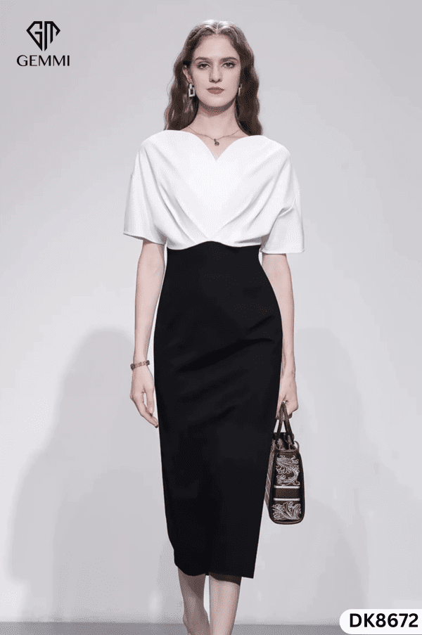 Đầm Body Đen Phối Trắng Cổ V GEMMI Fashion, DK8672 - Ảnh 7