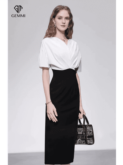 Đầm Body Đen Phối Trắng Cổ V GEMMI Fashion, DK8672