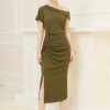 Váy đầm nữ dự tiệc cổ lệch, dúm eo che khuyết điểm, co giãn 6 chiều Gemmi fashion, DK8465