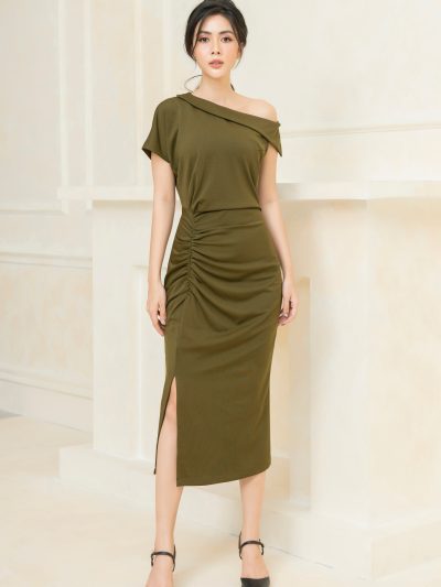 Váy đầm nữ dự tiệc cổ lệch, dúm eo che khuyết điểm, co giãn 6 chiều Gemmi fashion, DK8465