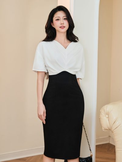 Đầm Body Đen Phối Trắng Cổ V GEMMI Fashion, DK8672