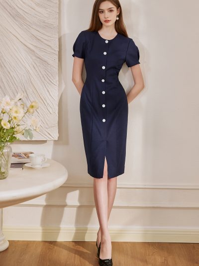 Đầm công sở cổ tròn tay ngắn GEMMI Fashion, DK8659