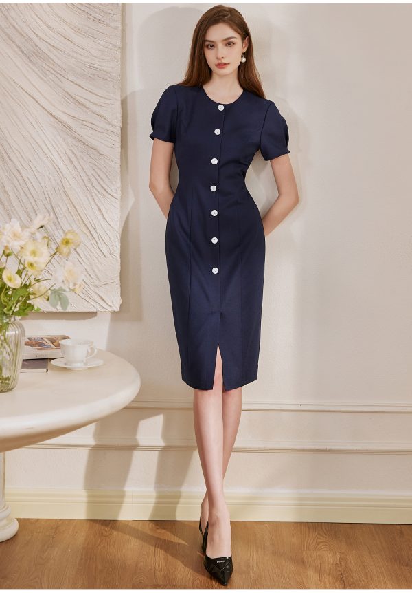 Đầm công sở cổ tròn tay ngắn GEMMI Fashion, DK8659