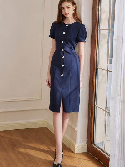 Đầm công sở cổ tròn tay ngắn GEMMI Fashion, DK8659
