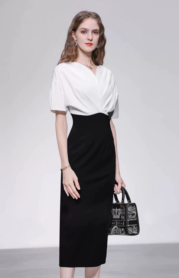 Đầm Body Đen Phối Trắng Cổ V GEMMI Fashion, DK8672 - Ảnh 4