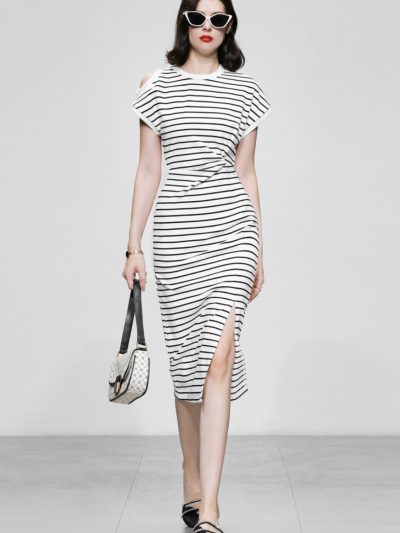 Đầm kẻ hở vai GEMMI Fashion, DK8715