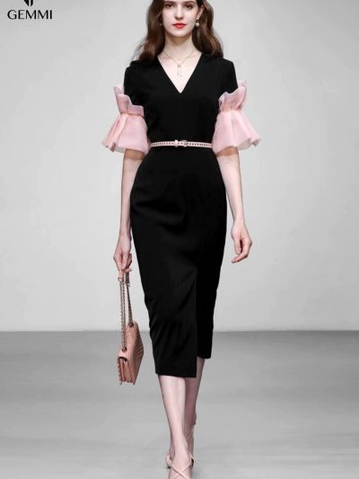 Đầm body phối tay lá sen GEMMI Fashion, DK8692 (không kèm thắt lưng)