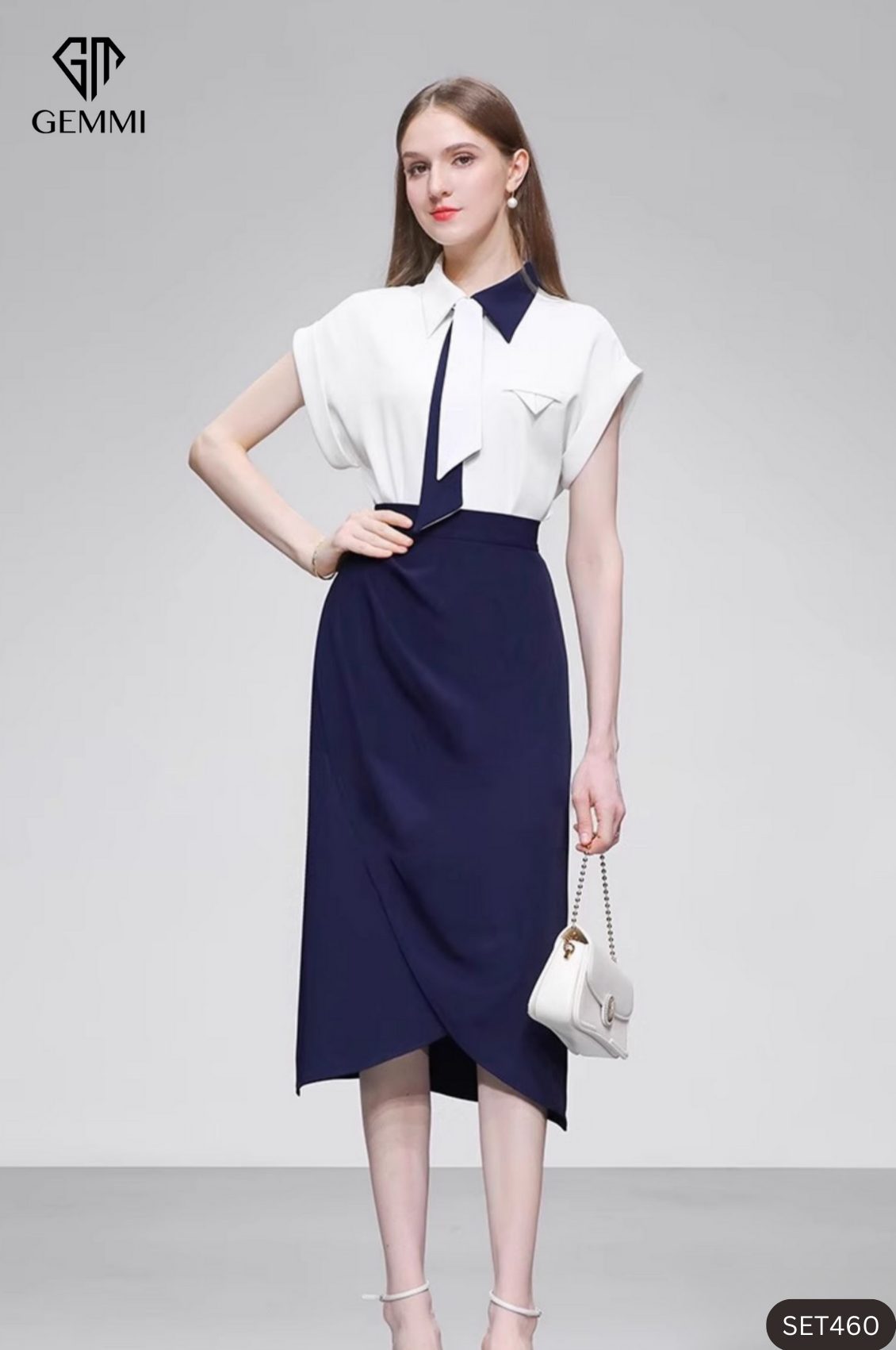 Set bộ công sở trắng xanh GEMMI Fashion, SET460