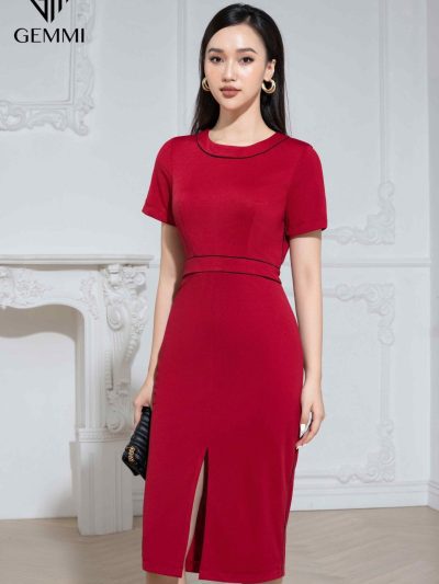 Đầm body cổ tròn phối viền trắng Gemmi fashion, DK8495