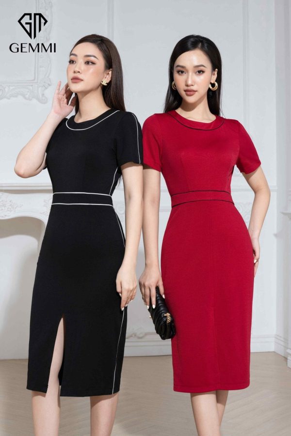 Đầm body cổ tròn phối viền trắng Gemmi fashion, DK8495