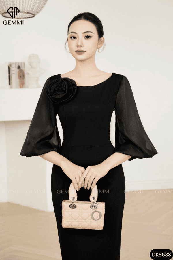 Đầm body cổ thuyền phối tơ lụa GEMMI Fashion, DK8688 - Hình ảnh 5