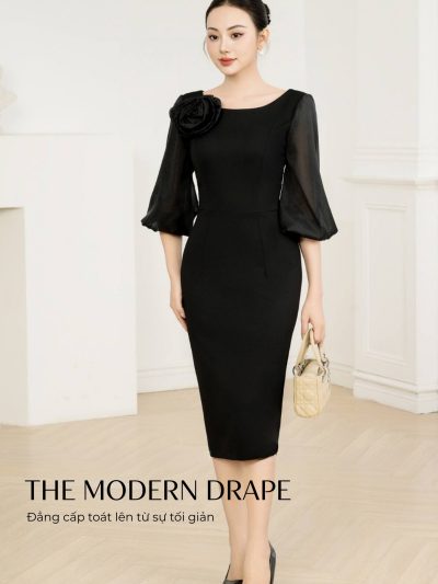 Đầm body cổ thuyền phối tơ lụa GEMMI Fashion, DK8688
