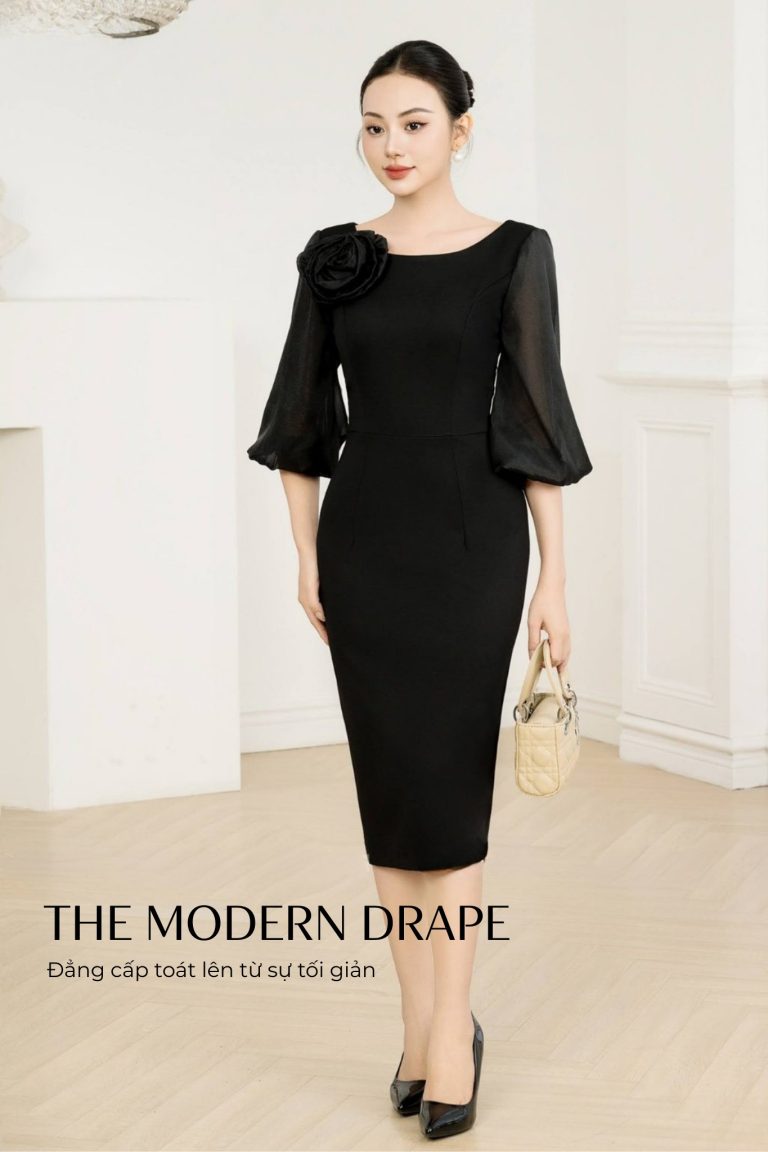 Đầm body cổ thuyền phối tơ lụa GEMMI Fashion, DK8688