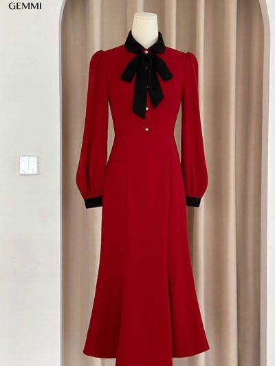 Đầm đuôi cá phối nơ cổ GEMMI Fashion, DK8790
