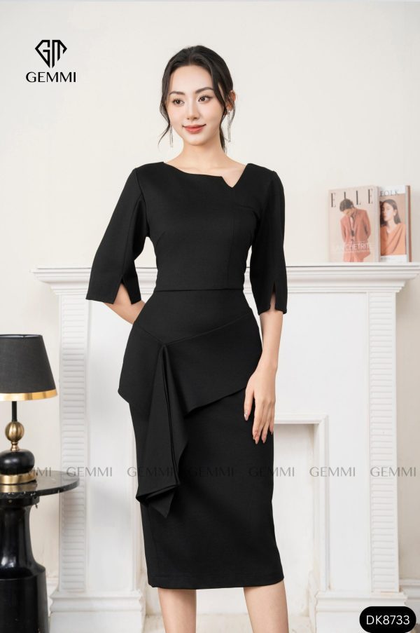 Đầm đen tay lỡ eo vạt lệch GEMMI, DK8733 - Hình ảnh 3