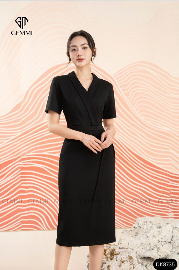 Đầm đen body cổ V xếp ly eo GEMMI, DK8735 - Hình ảnh 2
