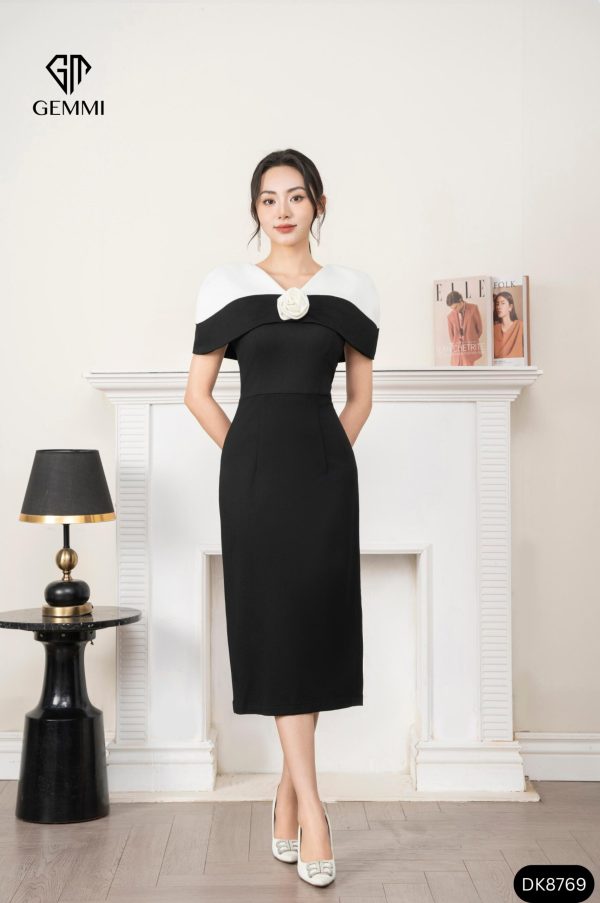 Đầm thiết kế đen phối trắng ở vai có đính hoa GEMMI, DK8769 - Hình ảnh 2