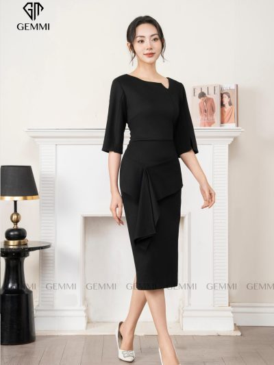 Đầm đen tay lỡ eo vạt lệch GEMMI, DK8733