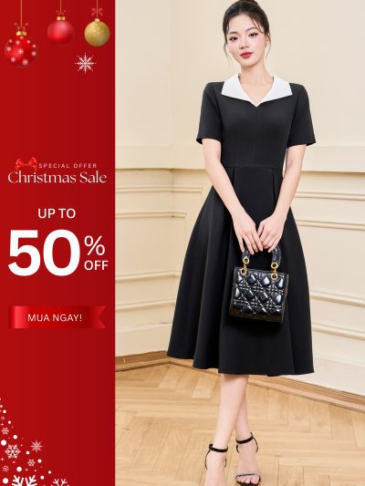 Đầm xòe đen cổ vest trắng thanh lịch GEMMI, DK8823