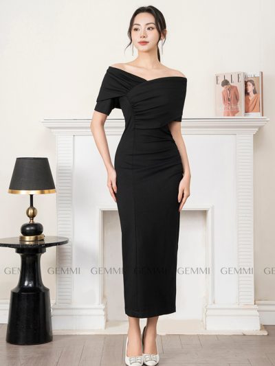 Đầm đen body xếp ly vạt chéo ngực GEMMI, DK8765