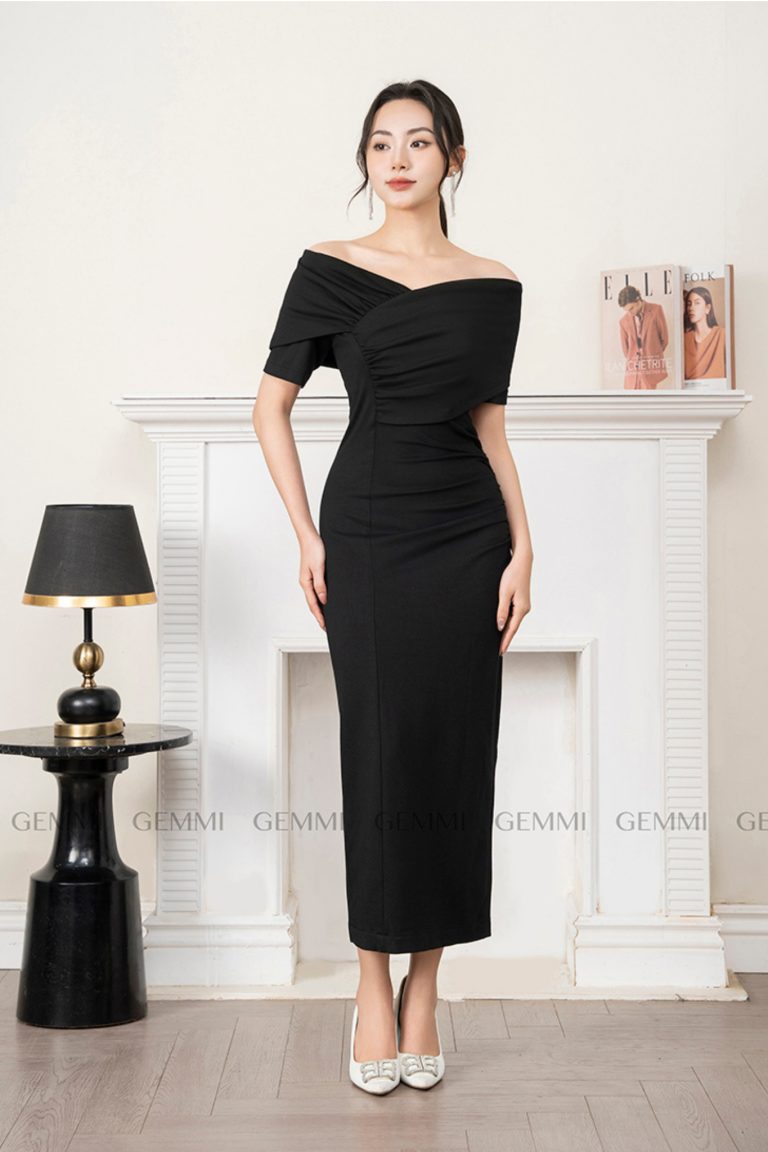 Đầm đen body xếp ly vạt chéo ngực GEMMI, DK8765