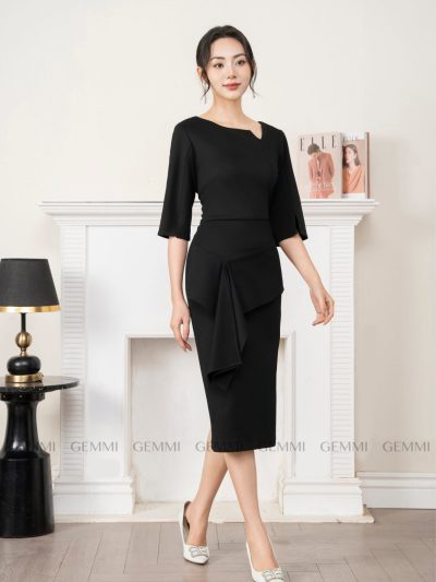 Đầm đen tay lỡ eo vạt lệch GEMMI, DK8733
