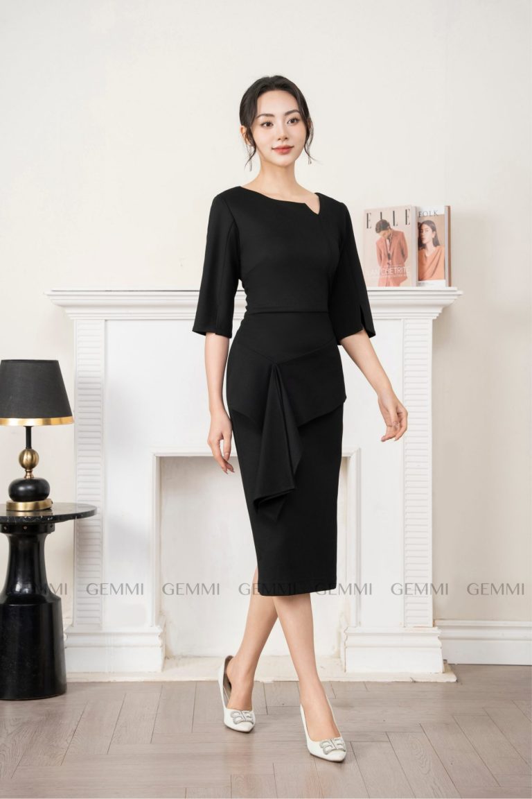 Đầm đen tay lỡ eo vạt lệch GEMMI, DK8733