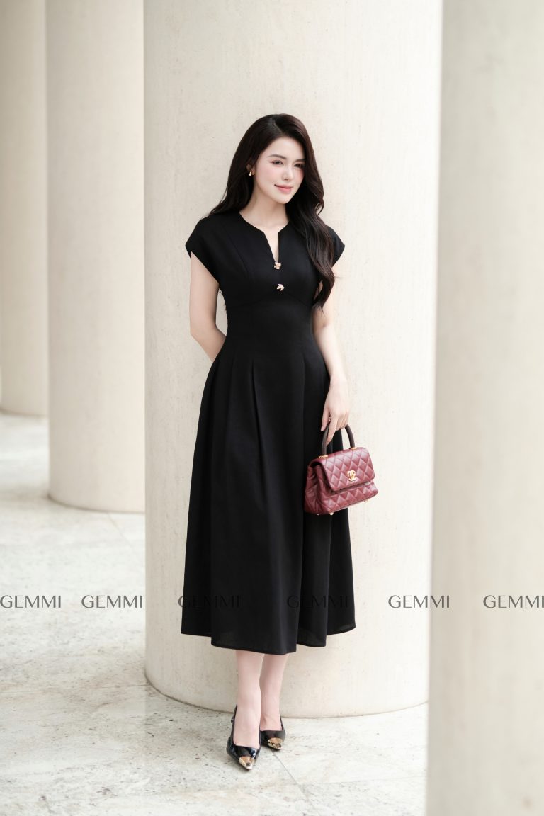 Váy xòe cổ V đính Charms, DK8802