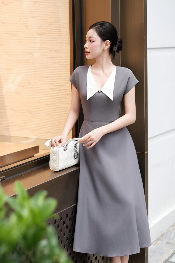 Đầm xòe cổ V phối trắng, DK8804 - Hình ảnh 4