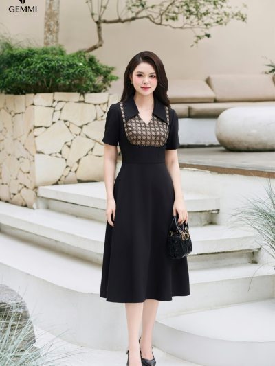 Đầm Midi Đen Phối Ren Họa Tiết, DK8814