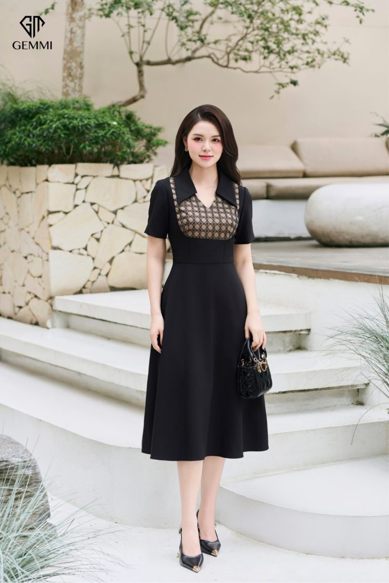Đầm Midi Đen Phối Ren Họa Tiết, DK8814