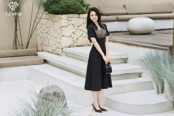 Đầm Midi Đen Phối Ren Họa Tiết, DK8814 - Hình ảnh 2