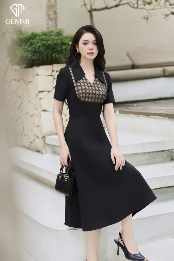 Đầm Midi Đen Phối Ren Họa Tiết, DK8814 - Hình ảnh 4