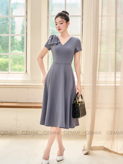 Đầm công sở, dự tiệc dáng xòe cổ V nơ vai GEMMI, DK8849
