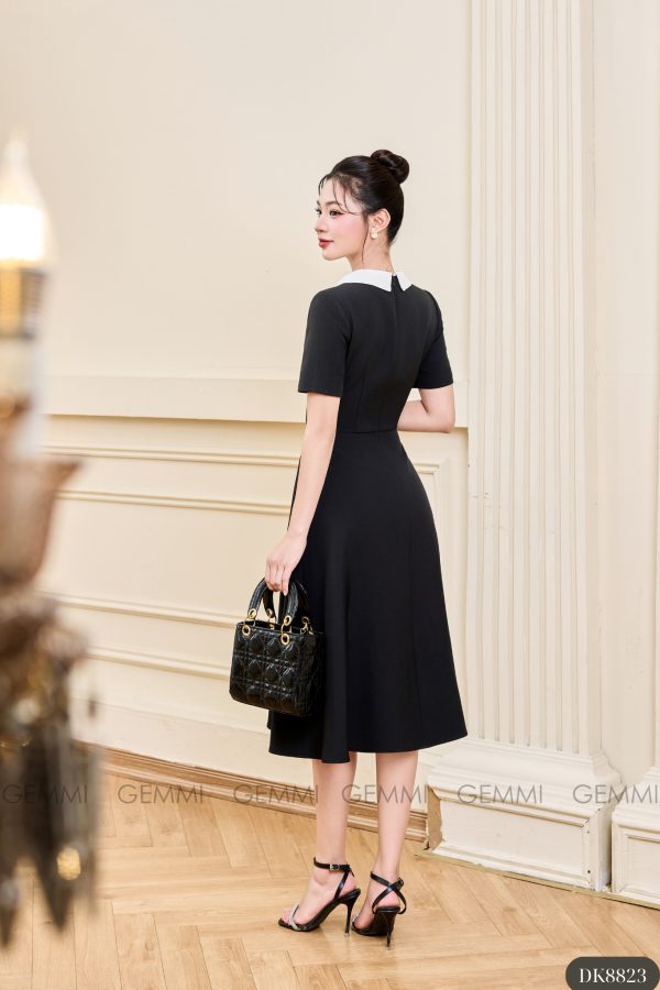Đầm xòe đen cổ vest trắng thanh lịch GEMMI, DK8823 - Ảnh 4